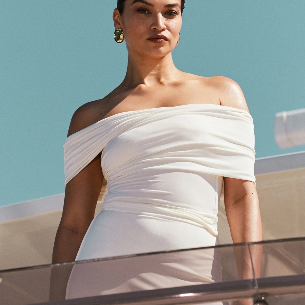 Odette Slinky Maxi Skirt - Ivory and Lourdes Slinky Off Shoulder Top - Ivory